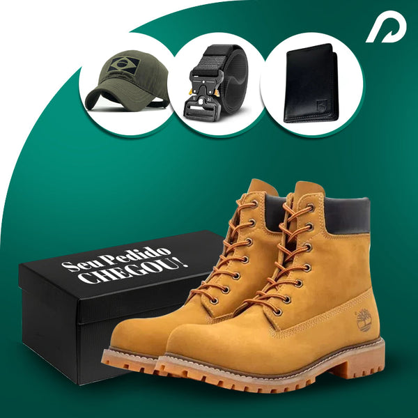 Bota Adventure em Couro Legítimo A Prova D'Água + 3 BRINDES: Cinto, Boné e Carteira